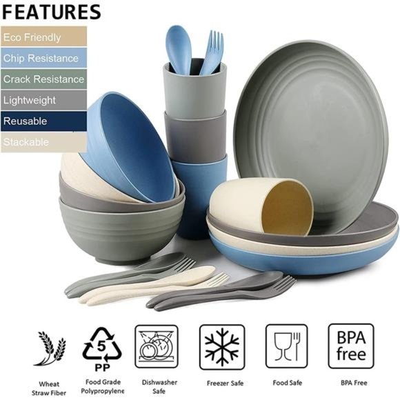 Wheat Straw Dinnerware Sets, 20 PCS Microwave Unbreakable Plates and Bowls Sets - Picture 4 of 6